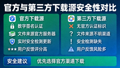 官方与第三方下载源安全性对比信息图，展示安全与风险路径