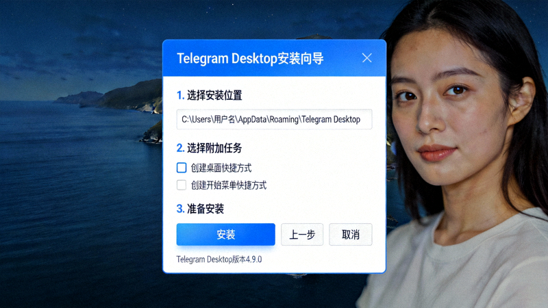 Telegram Desktop 安装向导界面截图，显示安装步骤