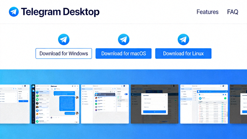 Telegram Desktop官方网站首页截图，展示下载按钮和界面布局