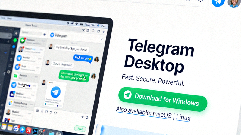 Telegram Desktop 官方网站首页截图，展示下载按钮和界面布局