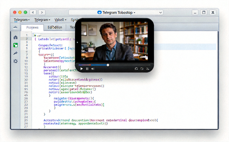 Telegram Desktop 画中画视频播放器悬浮在文本编辑器上的使用场景截图