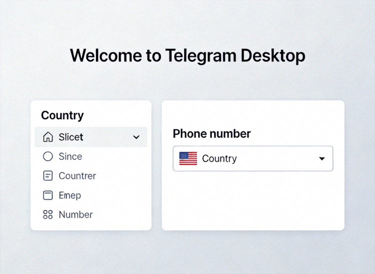 Telegram Desktop首次启动的登录界面截图，显示国家选择和手机号输入框
