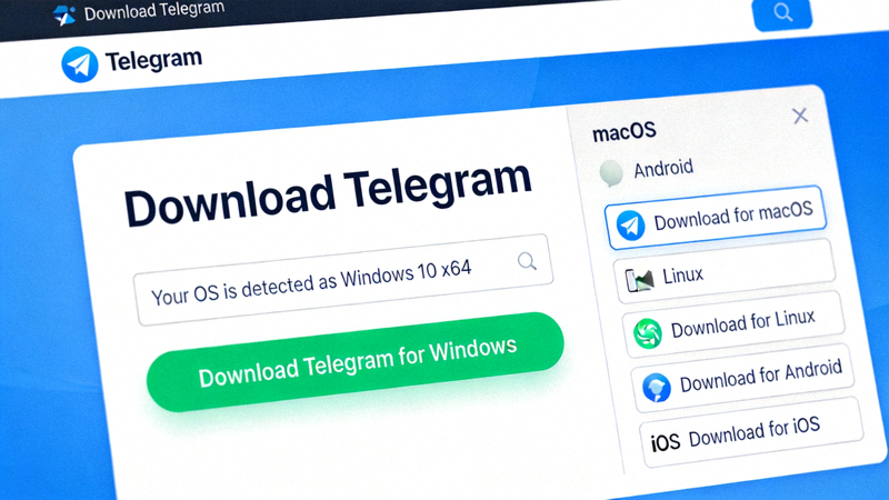 Telegram官方网站下载页面截图，显示自动检测操作系统并提供下载按钮