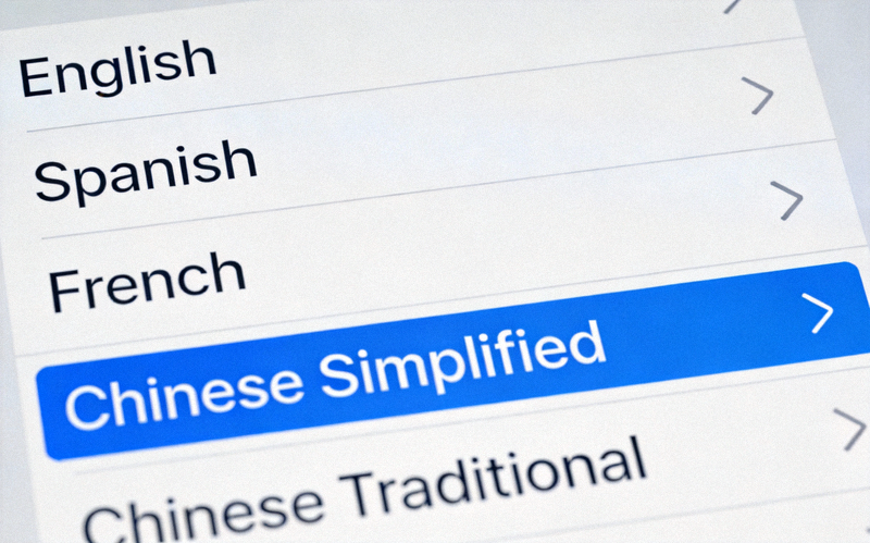 Telegram语言列表截图，高亮显示简体中文Chinese Simplified选项