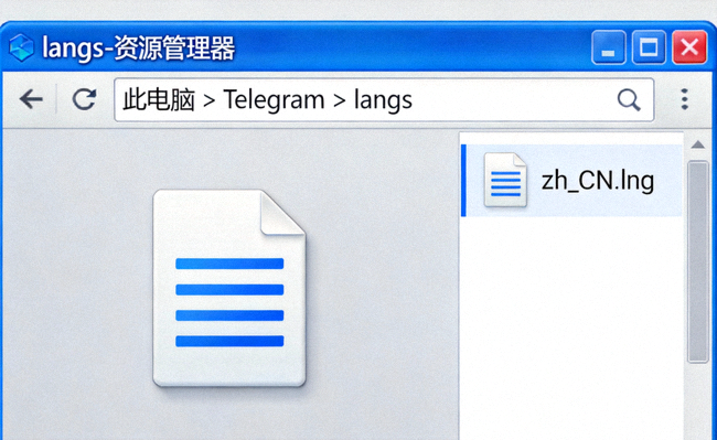 Windows系统文件资源管理器显示Telegram的langs文件夹内部，其中包含zh_CN.lng语言文件